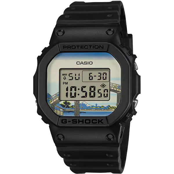 Black Casio G-Shock digital watch on a white background